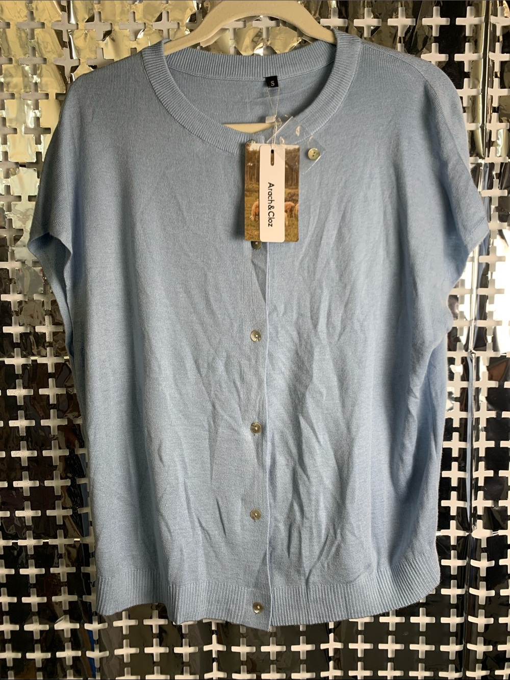 Arach&Cloz Light Blue Short-Sleeve Button Cardigan for Women